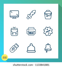 Modern, simple vector icon set on gradient background with technology, steel, knight, sword, electronic, style, display, war, bag, monitor, digital, bucket, sale, fashion, screen, head, music icons