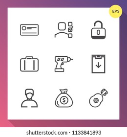 Modern, simple vector icon set on gradient background with luggage, credit, man, protection, lock, web, white, finance, cheque, security, concept, baggage, musical, work, equipment, payment, boy icons