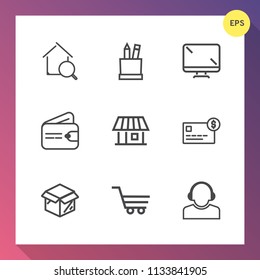 Modern, simple vector icon set on gradient background with unpacking, cart, shop, new, money, retail, dollar, home, center, digital, online, cardboard, display, purse, stationery, support, white icons