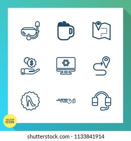 Modern, simple vector icon set on gradient background with circle, elegance, drink, road, hit, support, sea, cup, coffee, equipment, location, frame, hot, caffeine, headset, travel, beach, pin icons