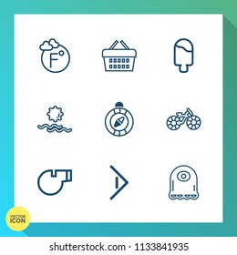 Modern, simple vector icon set on gradient background with celsius, arrow, right, monster, store, sunrise, south, transportation, compass, character, sale, scale, north, nature, thermometer, ice icons