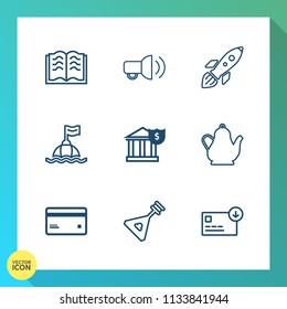Modern, simple vector icon set on gradient background with message, banking, communication, sack, kitchen, business, launch, object, literature, life, card, white, open, kettle, book, science icons