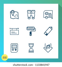 Modern, simple vector icon set on gradient background with arrow, billboard, transport, gps, delivery, car, banner, transportation, pen, van, clock, internet, map, technology, reflection, time icons