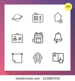 Modern, simple vector icon set on gradient background with note, woman, apartment, estate, radio, solar, profile, leather, bell, galaxy, ancient, modern, signal, egypt, alarm, antenna, office icons