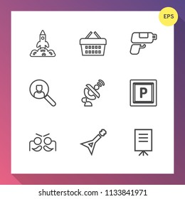 Modern, simple vector icon set on gradient background with exploration, space, market, spaceship, orbit, music, vehicle, internet, rocket, shop, account, communication, street, buy, game, web icons