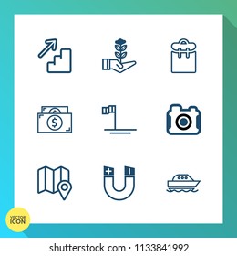 Modern, simple vector icon set on gradient background with photo, pretty, travel, currency, gardening, agriculture, pin, people, water, sea, field, plant, mexico, cash, photography, camera, up icons