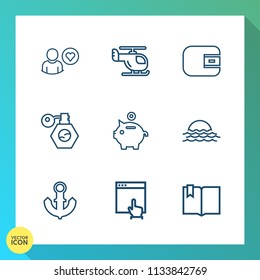 Modern, simple vector icon set on gradient background with aviation, helicopter, anchor, cash, finance, chopper, technology, social, pump, profile, flight, perfume, business, sea, coin, online icons