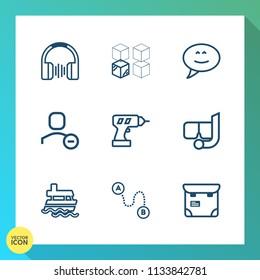 Modern, Simple Vector Icon Set On Gradient Background With Package, Audio, Hand, Professional, Relocation, Boat, Earphone, Stereo, Phone, Music, Machine, Mask, Sea, Snorkel, Cardboard, Drill Icons