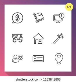 Modern, simple vector icon set on gradient background with tourism, tipper, suitcase, dumper, bag, label, luggage, internet, sign, journey, travel, house, desktop, transportation, payment, tag icons