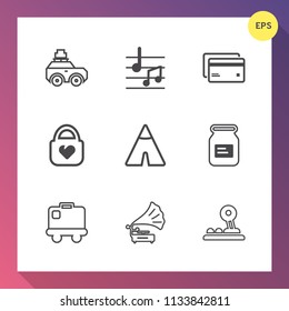 Modern, simple vector icon set on gradient background with tourism, outdoor, treble, aluminum, arrow, card, debit, baggage, banking, suitcase, record, gramophone, road, vintage, bag, metal, camp icons