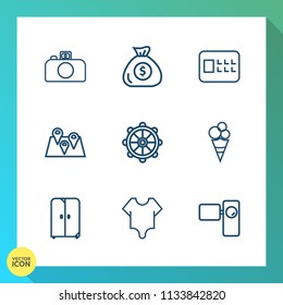 Modern, simple vector icon set on gradient background with location, girl, film, video, movie, ship, camera, cute, interior, cream, sign, helm, safety, cash, lock, lens, money, tripod, sweet icons