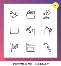 Modern, simple vector icon set on gradient background with owner, office, business, technology, folder, blank, home, national, paper, craft, downstairs, equipment, empty, open, orchestra, down icons