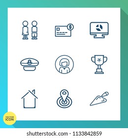 Modern, simple vector icon set on gradient background with construction, home, architecture, money, standing, bank, equipment, captain, location, girl, hat, infographic, together, sailor, people icons