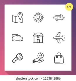 Modern, simple vector icon set on gradient background with city, transportation, buy, traffic, vehicle, axe, building, van, target, home, house, change, transport, substitute, flight, investment icons