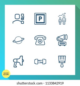 Modern, simple vector icon set on gradient background with megaphone, road, exercise, sport, orbit, street, success, vehicle, planet, home, list, car, progress, astronomy, development, space icons