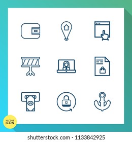 Modern, simple vector icon set on gradient background with payment, web, sign, lock, supermarket, mouse, location, sea, shopping, video, market, boat, finance, communication, pin, cash, click icons