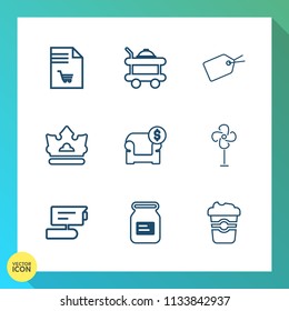 Modern, simple vector icon set on gradient background with supermarket, furniture, can, breakfast, royal, grocery, camera, crown, hotel, ventilator, store, tag, tv, metal, couch, cooler, record icons