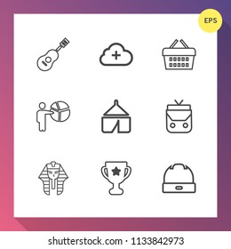 Modern, simple vector icon set on gradient background with winner, object, music, hat, achievement, fashion, nature, jazz, sound, guitar, ancient, adventure, egypt, business, bag, culture, drum icons