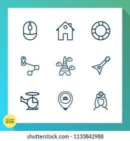 Modern, simple vector icon set on gradient background with medical, france, healthcare, click, new, house, musical, map, paris, device, business, pool, home, inflatable, real, air, tower, input icons