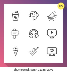 Modern, simple vector icon set on gradient background with player, sign, business, call, sound, party, glass, customer, arrow, vinyl, audio, support, play, cold, chart, summer, drink, gramophone icons