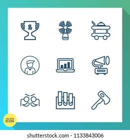Modern, simple vector icon set on gradient background with winner, travel, lighthouse, room, first, service, achievement, competition, champion, record, festival, victory, music, computer, axe icons