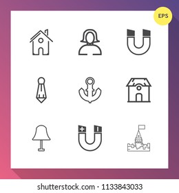 Modern, simple vector icon set on gradient background with pole, building, tie, home, ship, attraction, sea, beauty, electricity, magnet, shirt, house, professional, architecture, face, young icons