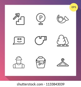 Modern, simple vector icon set on gradient background with tree, builder, worker, trumpet, transportation, transport, chat, vehicle, referee, clothes, engineer, handle, bucket, clean, forest, up icons