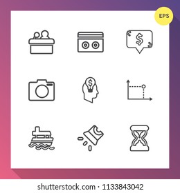Modern, simple vector icon set on gradient background with projection, presentation, boat, time, movie, tape, vessel, video, meeting, price, photo, lens, idea, equipment, concept, camera, old icons