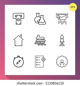 Modern, simple vector icon set on gradient background with bank, card, east, online, tool, direction, compass, dental, vessel, envelope, mail, internet, building, human, ship, document, money icons