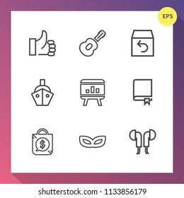 Modern, simple vector icon set on gradient background with headset, success, box, music, finger, delivery, guitar, carnival, like, shipping, return, concert, sound, price, business, chart, thumb icons