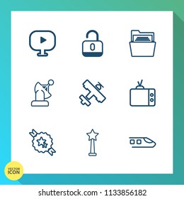 Modern, simple vector icon set on gradient background with transportation, flight, button, lock, earth, security, screen, safe, web, paper, safety, video, empty, satellite, decorative, open, tv icons
