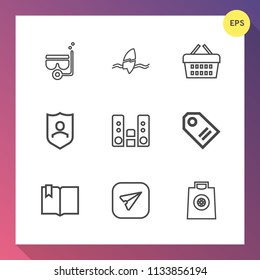 Modern, simple vector icon set on gradient background with equipment, store, beach, snorkeling, web, water, sale, tropical, play, tag, retail, music, book, price, sport, wave, summer, protection icons