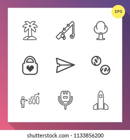 Modern, simple vector icon set on gradient background with environment, rod, plant, web, fishing, coconut, palm, landscape, money, summer, science, bag, object, leather, finance, cash, success icons