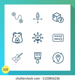 Modern, simple vector icon set on gradient background with paintbrush, technology, card, navigation, arrow, guitar, big, weight, paint, destination, balance, package, musical, predator, white icons