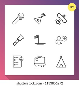 Modern, simple vector icon set on gradient background with folk, equipment, telescope, mechanic, human, business, industry, document, space, ocean, work, bag, luggage, flight, outdoor, checklist icons