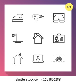 Modern, simple vector icon set on gradient background with wear, template, telephone, shorts, drill, person, mobile, housework, architecture, cell, iron, wheel, mexico, clothes, internet, house icons