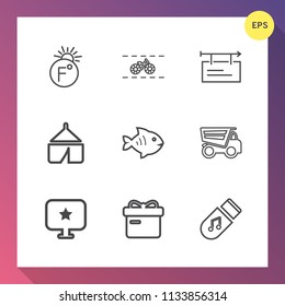 Modern, simple vector icon set on gradient background with measurement, bike, music, truck, ride, star, sea, storage, temperature, fish, gift, banner, blank, sign, scale, seafood, present, dump icons