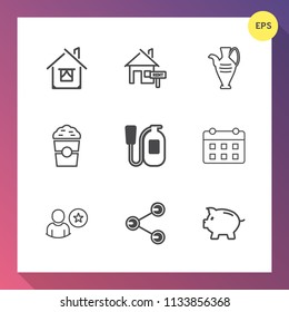 Modern, simple vector icon set on gradient background with calendar, social, modern, profile, danger, business, safety, buy, emergency, concept, pot, sign, drink, day, construction, estate, home icons