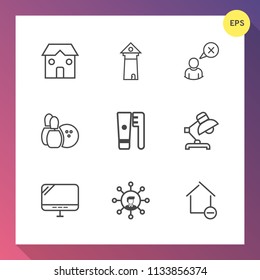 Modern, simple vector icon set on gradient background with industrial, house, pin, cancel, building, france, computer, online, lamp, business, internet, technology, table, europe, display, care icons