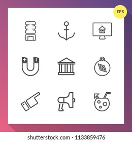 Modern, simple vector icon set on gradient background with online, property, helm, estate, south, showing, refrigerator, sky, summer, juice, pointing, drink, loud, compass, cocktail, house, cool icons