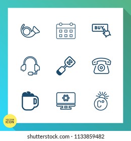 Modern, simple vector icon set on gradient background with cell, button, telephone, home, schedule, temperature, tool, orchestra, technology, support, mobile, fahrenheit, musical, scale, mug icons
