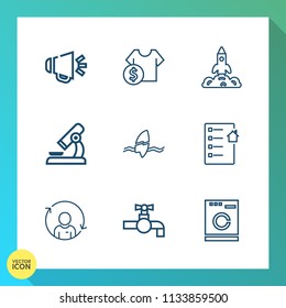 Modern, simple vector icon set on gradient background with sound, science, launch, volume, sale, voice, surfing, housework, real, laboratory, research, microscope, document, laundry, loudspeaker icons