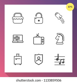Modern, simple vector icon set on gradient background with technology, video, space, sound, grass, web, unlock, game, tv, communication, protect, call, online, food, basket, rocket, park, meal icons