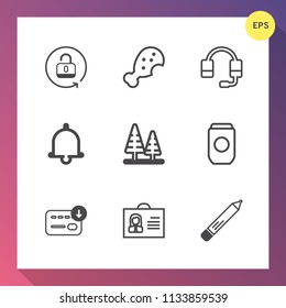 Modern, simple vector icon set on gradient background with stationery, metal, aluminum, sack, safety, nature, person, container, support, notification, technology, woman, chicken, profile, can icons