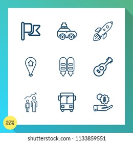 Modern, simple vector icon set on gradient background with red, personal, flag, speed, white, tourism, america, dollar, road, musical, transport, music, business, guitar, usa, banner, rocket,  icons