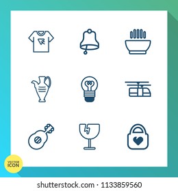 Modern, simple vector icon set on gradient background with pottery, ring, food, dinner, glass, rail, t-shirt, crash, style, shirt, hot, train, print, transportation, bell, sound, white, guitar icons