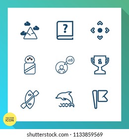 Modern, simple vector icon set on gradient background with chain, wildlife, freelance, dolphin, flag, book, sky, ocean, america, canoe, blue, award, achievement, mountain, nation, hill, winner icons