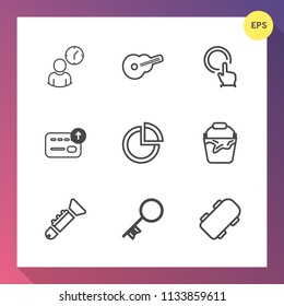 Modern, simple vector icon set on gradient background with click, business, presentation, bugle, clock, cash, touch, handle, door, hand, rock, sound, jazz, hour, extreme, time, house, work, pie icons