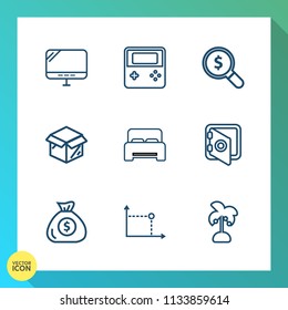 Modern, simple vector icon set on gradient background with new, cardboard, technology, monitor, sign, bed, tropical, nature, business, pc, shipping, box, background, search, home, banking, house icons