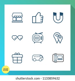 Modern, simple vector icon set on gradient background with website, phone, find, sun, left, road, box, web, location, tv, holiday, video, glasses, pin, front, map, office, field, concept, bus icons